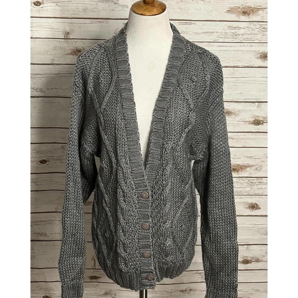Vintage Visions grey V-neck chunky hand/cable-knit cardigan sweater Size M/L
